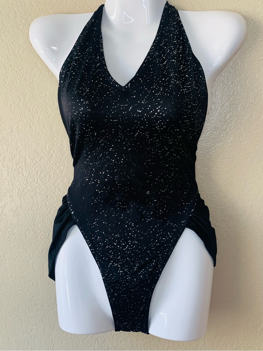 Vintage Black Metallic Silver Nylon Ruched Halter Dance Bodysuit Size 12